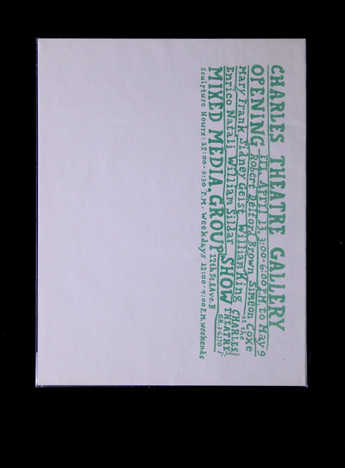 Announcement sheet for Charles Theatre Gallery Opening Mixed Media Group Show